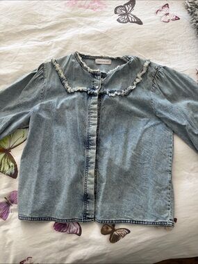 Something Navy Chambray Ruffle Shirt
Denim
